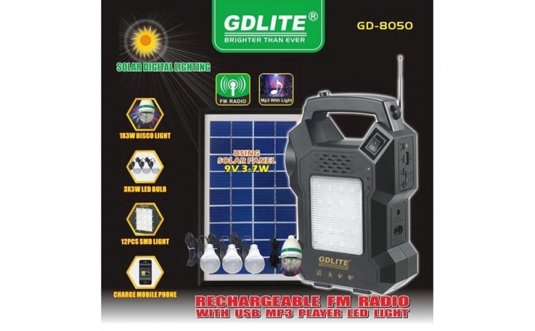 Kit Iluminare cu Lanterna Incarcare Solara si Functie Radio Mp3 GD8050