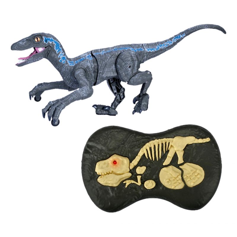 Figurina Dinozaur cu telecomanda, mers pe jos, Velociraptor cu lumini si sunet, Gri