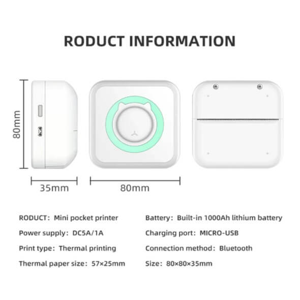 Mini imprimanta pentru telefon + 3 role de hartie termica, Alb cu verde